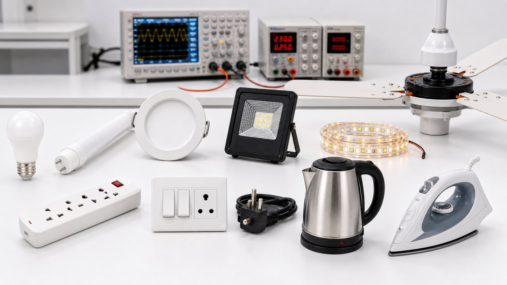 Lighting and household electrical products arranged in a testing laboratory